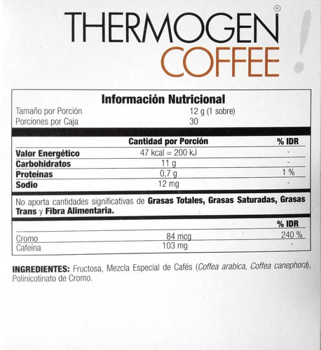 Thermogen Coffee informacion nutricional